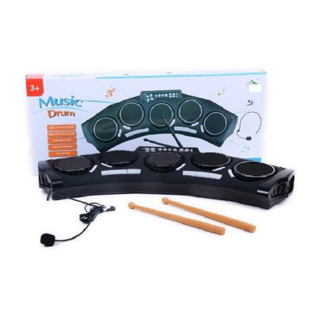 Set Tobe Electronice Interactive pentru copii, cu 2 Bete, 5 pad-uri de tobe, 70x28x10cm. Negru