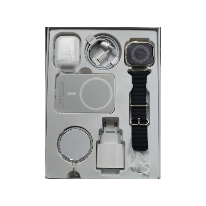 Teljes készlet a Smartwatch X8-val, 2 ", fülhallgató, töltő, kábelek, külső akkumulátor, 8-ban, fekete/narancssárga/fehér-szürke