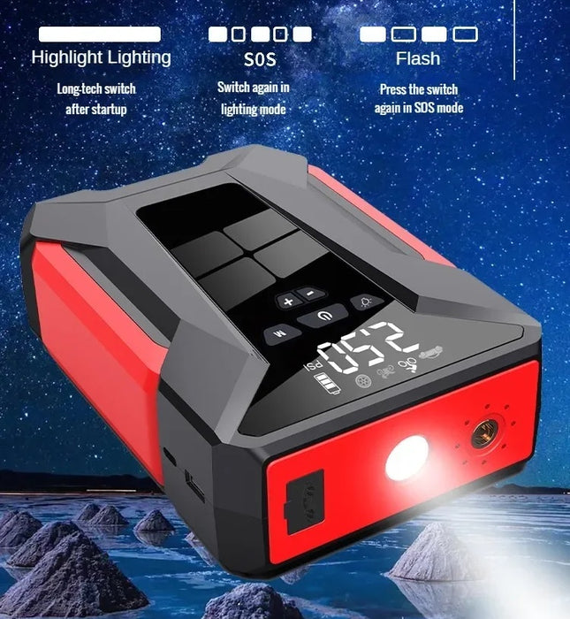 Set de redresor auto, compresor aer, power bank si lanterna LED, negru-rosu