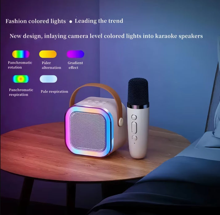 Karaoke szett 5W hangszóróval és 2 mikrofonnal, vezeték nélküli, Bluetooth, RGB Light, több bemeneti módot támogat, bézs