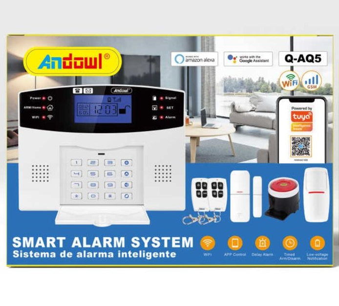 Sistem de alarma inteligent AQ5, cu ecran LCD, wireless, cu 2 senzori si 2 telecomenzi, alb