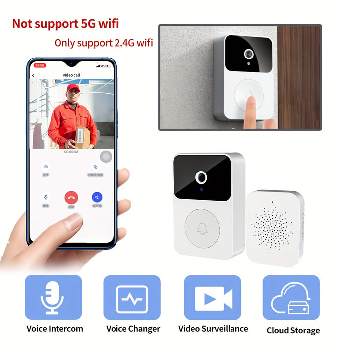 Sonerie inteligenta fara fir, distanta 30m, Wi-Fi 2.4G, cu camera, schimbare de voce, stocare imagini in cloud, alb