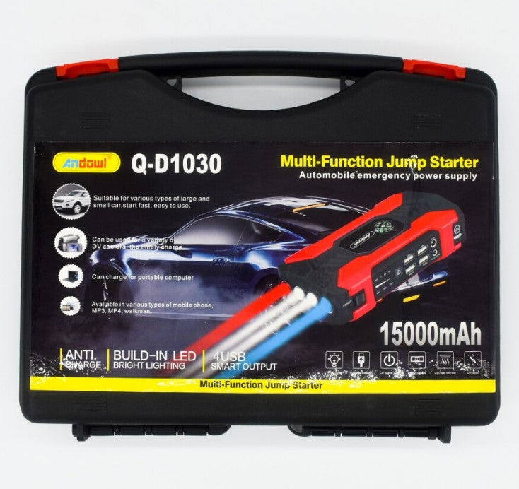 Starter auto multifunctional D1030, 15000mAh, 12V-19V output, 4 iesiri USB, afisaj eletronic, negru cu rosu