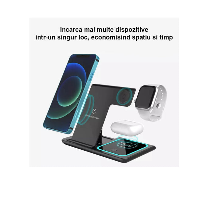 Statie de incarcare rapida 3 in 1 fara fir, magnetic, pliabil, 15W pentru telefon, ceas, casti