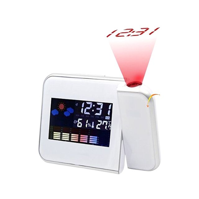 Дигитална метеорологична станция с часовник, календар, лазерен проектор, LCD дисплей 3.7 ", бяло