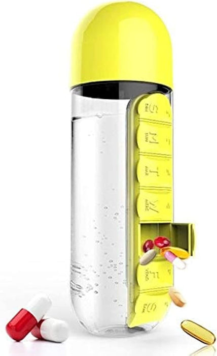 Sticla pentru bauturi, multifunctionala, cu cutie de pastile zilnica incorporata pentru 7 zile, 600ml