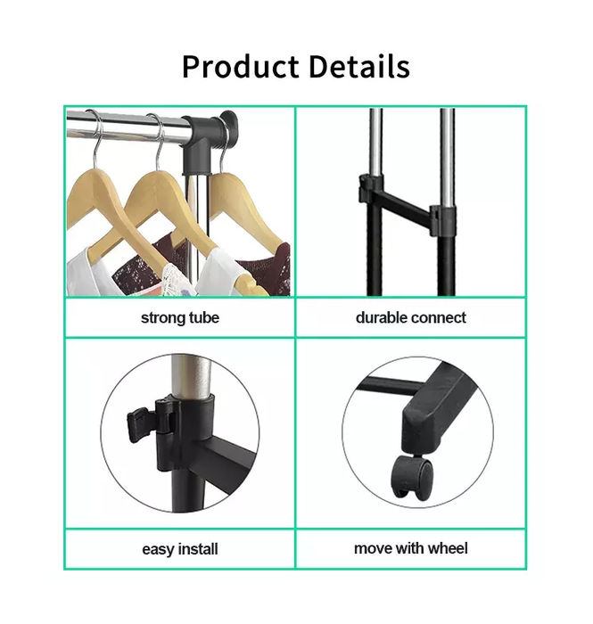Двойна поддръжка за закачалки и дрехи от типа на Stander, с регулируеми колела и височина 94-160 см