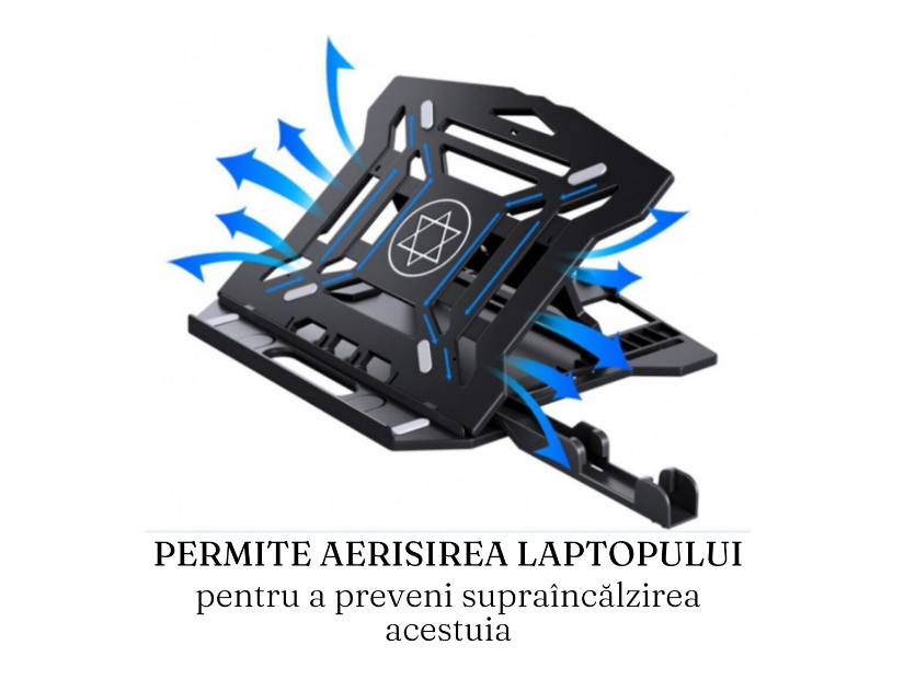 Suport reglabil pentru laptop, cu Ventilator, Portabil, Universal, Negru