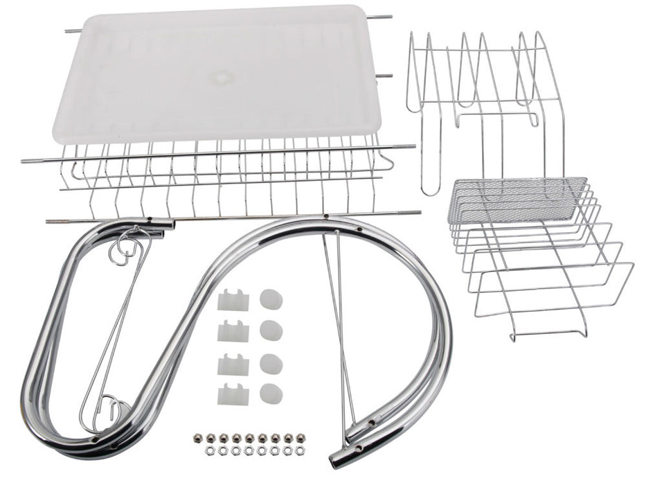 Подкрепа за изсушаване на съдовете на две нива, дренажна тава, място за прибори и очила, неръждаема стомана, сребро