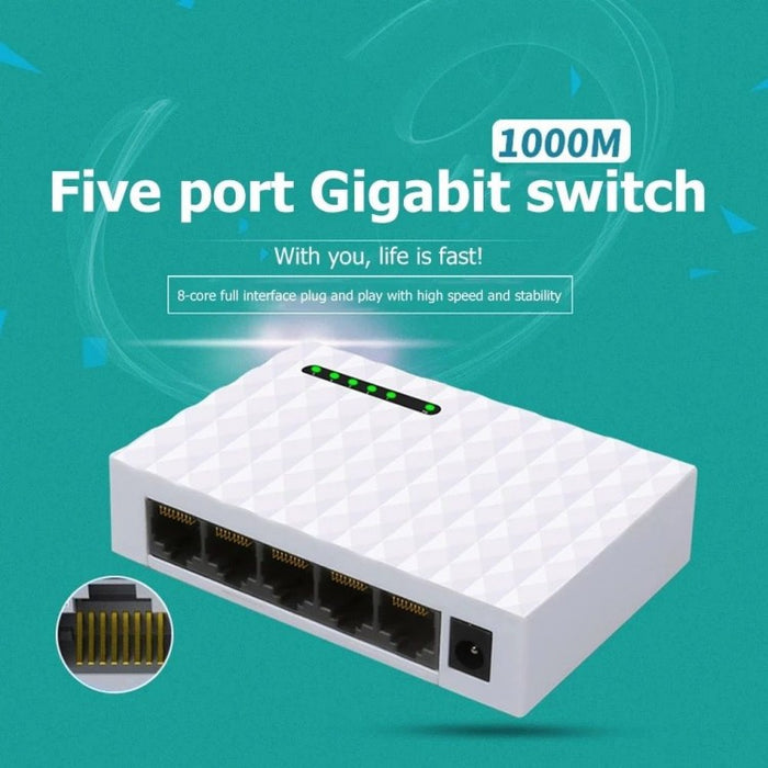 Превключете интернет с 5 порта, JH01 Plug and Play, 100/1000Mbps, MDI/MDIX автомобил, бяло