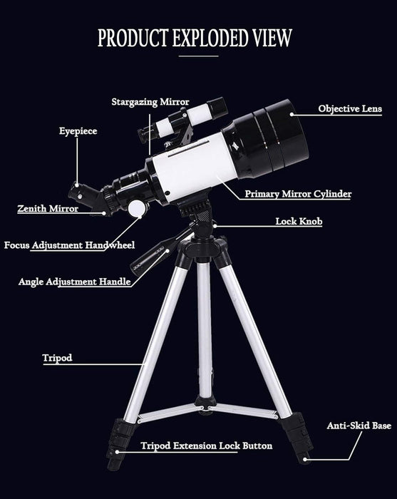 Telescop Astronomic Monocular 400mm (f/5.7), cu Trepied, Alb-Argintiu-Negru