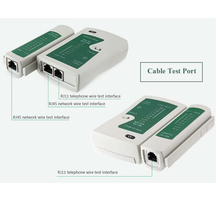 Тестер за LAN мрежови кабели, RJ45, RJ11, N21CL, CAT5, Ethernet и Line, включени повикване, бяло/зелено