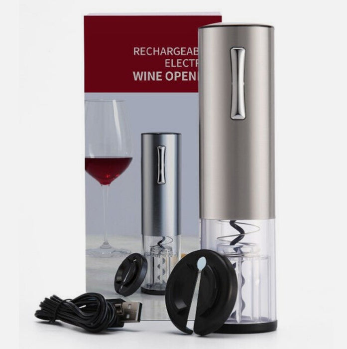 Tirbuson electric pentru sticle de vin cu dispozitiv inlaturare sigiliu si cablu USB, Argintiu