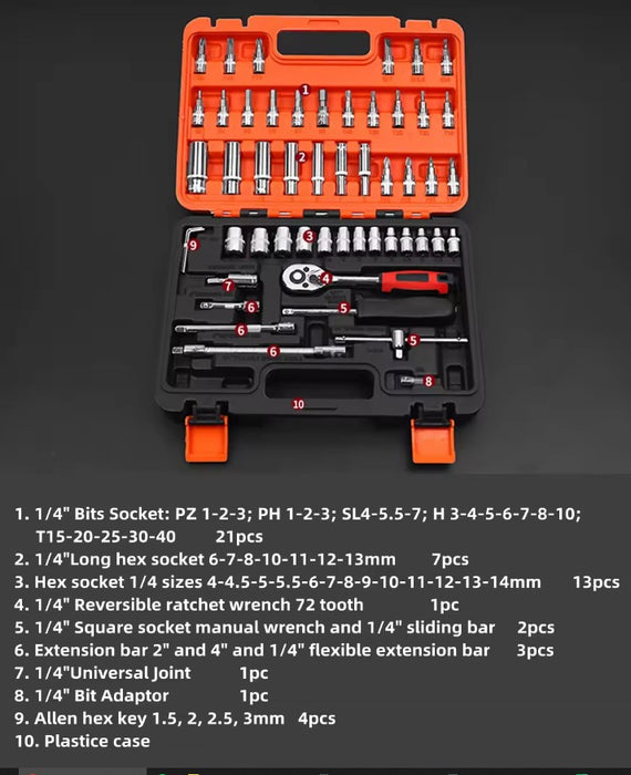 Trusa profesionala cu 53 de piese din otel carbon - crom vanadium, cu chei tubulare, clicket 1.4 inchi, portocaliu-negru