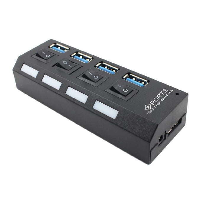 USB Hub με 4 θύρα USB 3.0 υψηλής ταχύτητας, ON/OFF, με μαύρο, μαύρο καλώδιο τροφοδοσίας