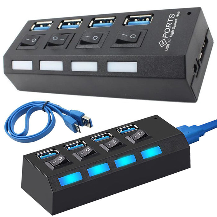 USB HUB 4 nagysebességű USB 3.0 port, be/ki gomb, fekete, fekete tápkábel