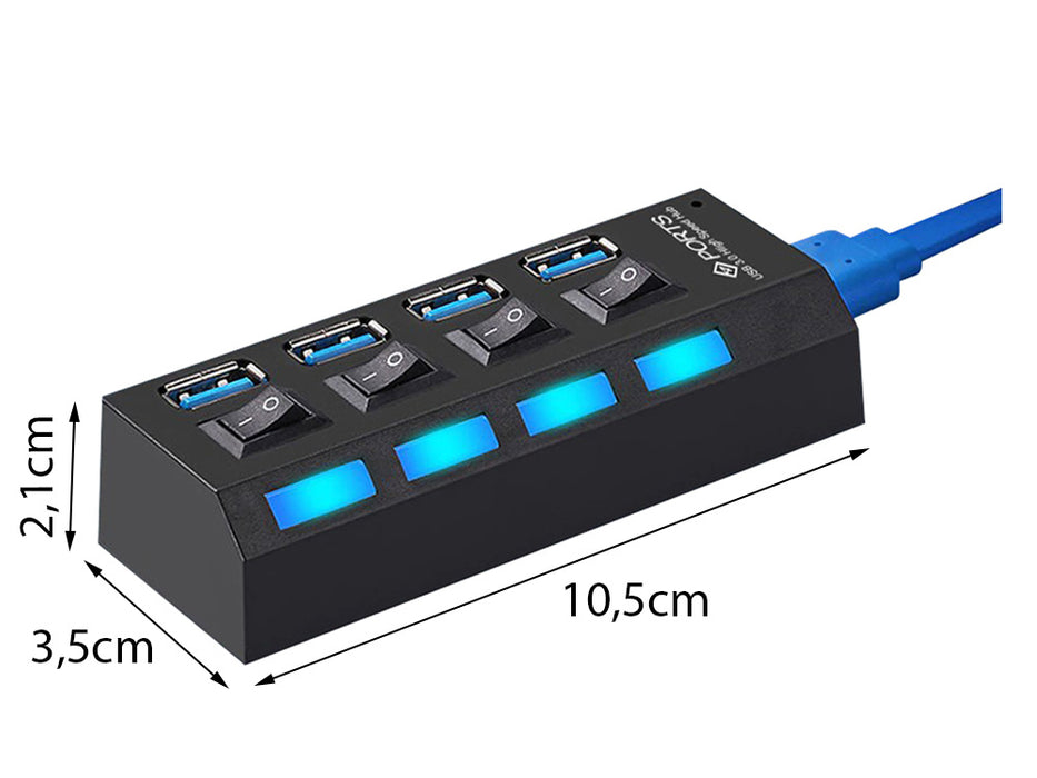 USB Hub με 4 θύρα USB 3.0 υψηλής ταχύτητας, ON/OFF, με μαύρο, μαύρο καλώδιο τροφοδοσίας