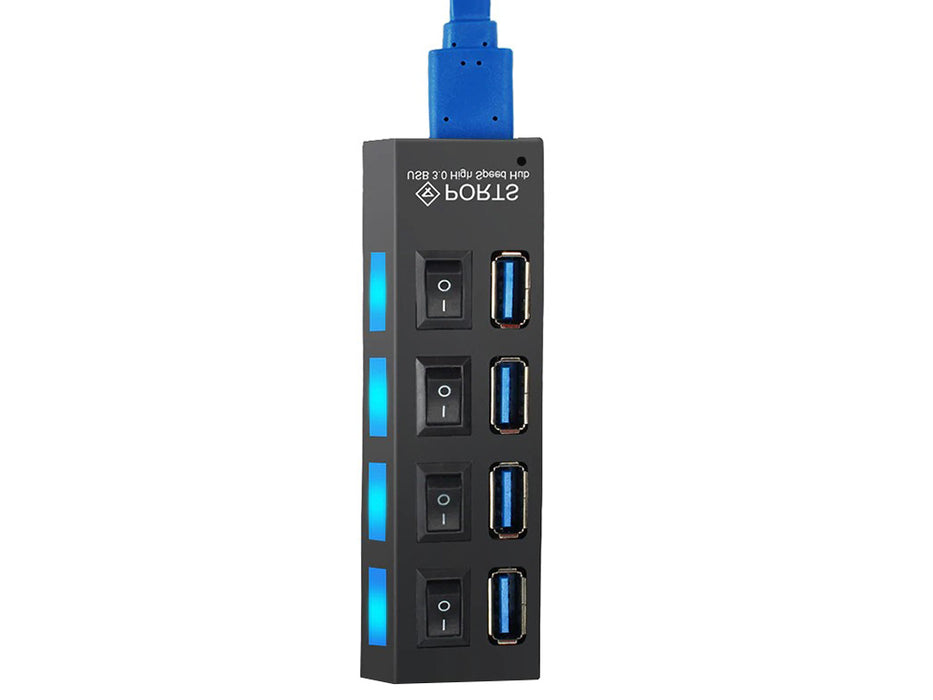 USB Hub με 4 θύρα USB 3.0 υψηλής ταχύτητας, ON/OFF, με μαύρο, μαύρο καλώδιο τροφοδοσίας