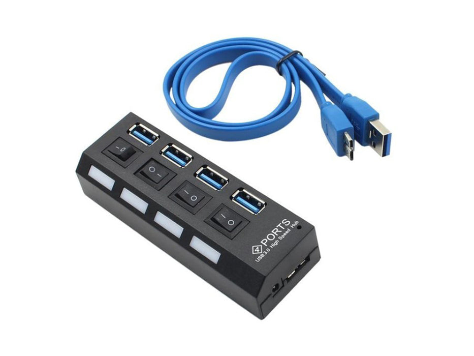 USB Hub с 4 високоскоростен USB 3.0 порт, бутон за включване/изключване, с черен, черен захранващ кабел