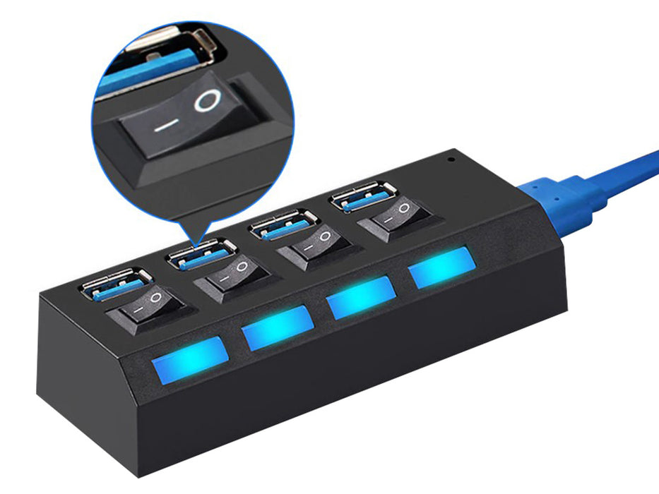 USB Hub με 4 θύρα USB 3.0 υψηλής ταχύτητας, ON/OFF, με μαύρο, μαύρο καλώδιο τροφοδοσίας