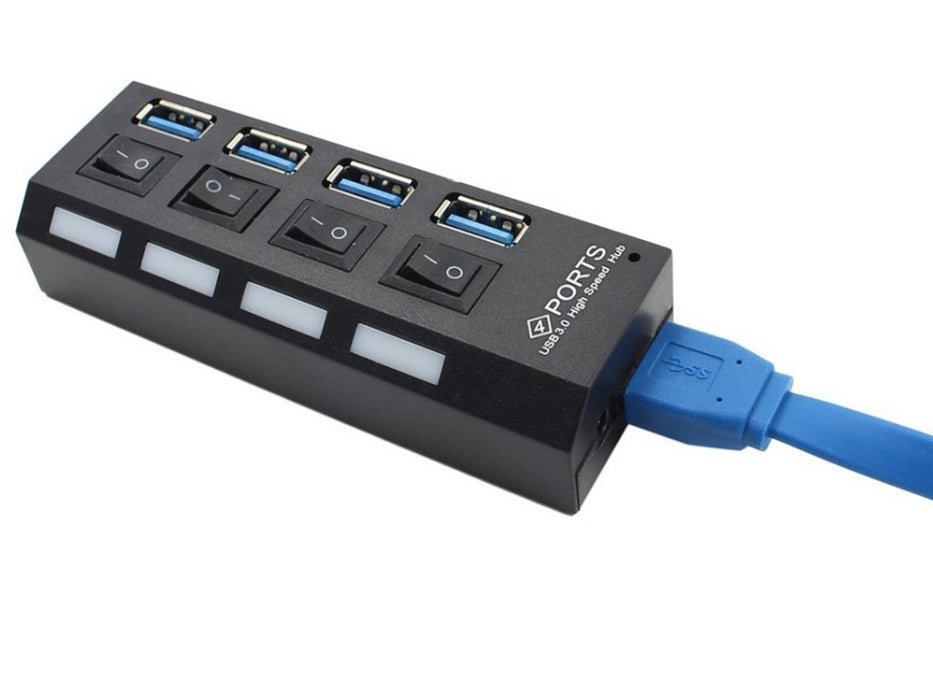 USB HUB 4 nagysebességű USB 3.0 port, be/ki gomb, fekete, fekete tápkábel