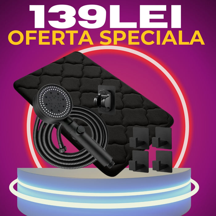 Промоционален пакет: Глава за душ, 4 x Поддръжка за кърпи и килим за баня, черно