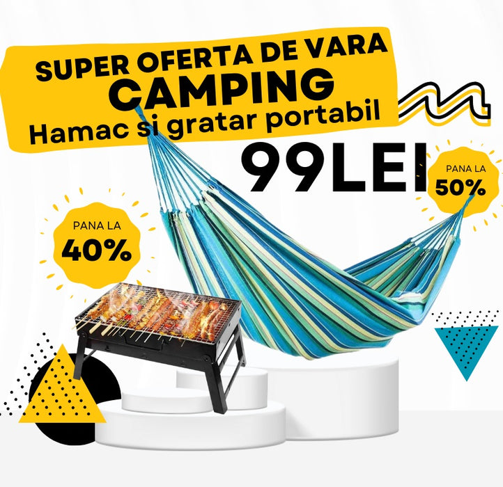 Pachet promotional CAMPING: Hamac si gratar portabil tip valiza