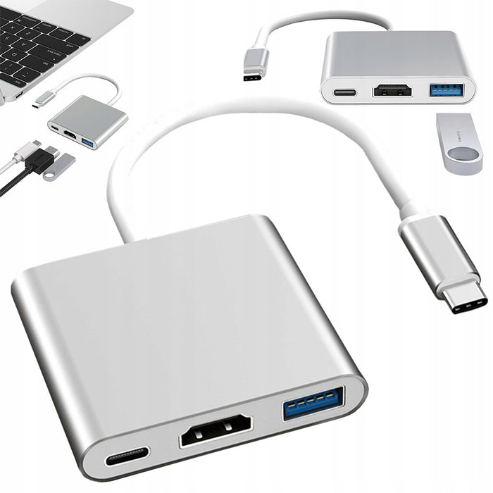 Адаптер-хъб 3 в 1 USB-USB тип C-USB 3.0 и HDMI, сребро