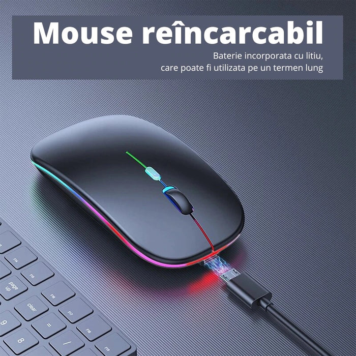 Mouse Wireless Reincarcabil, Ultra Slim, Silentios, LED RGB, Negru