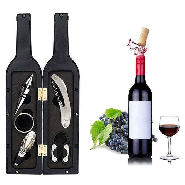 Комплект вино с 5 аксесоари Тирбусън, пръстен, стопер, антипикуратор и резачка, черно