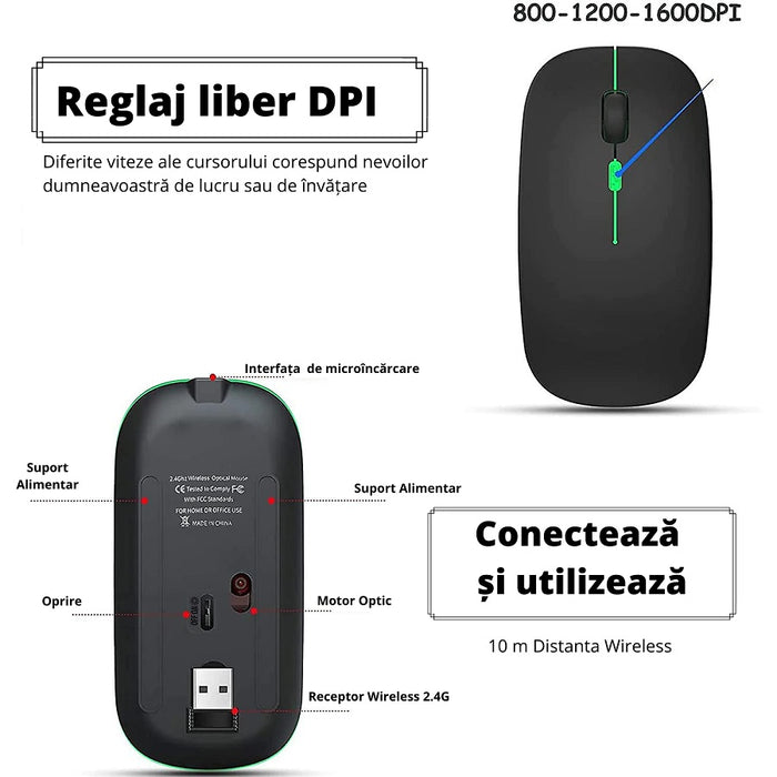 Mouse Wireless Reincarcabil, Ultra Slim, Silentios, LED RGB, Negru