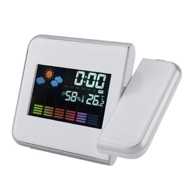 Digitális időjárási állomás óra, naptár, lézeres projektor, LCD kijelző 3.7 ", fehér