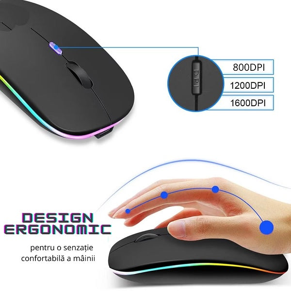 Mouse Wireless Reincarcabil, Ultra Slim, Silentios, LED RGB, Negru