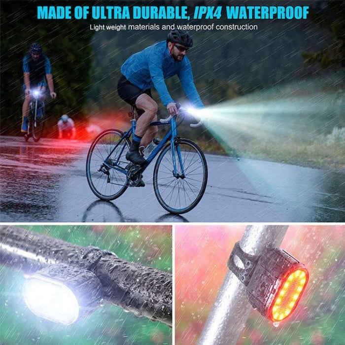 Könnyű kerékpár, világítótorony és LED -stop, USB újratölthető, víz -rezisztens, fekete