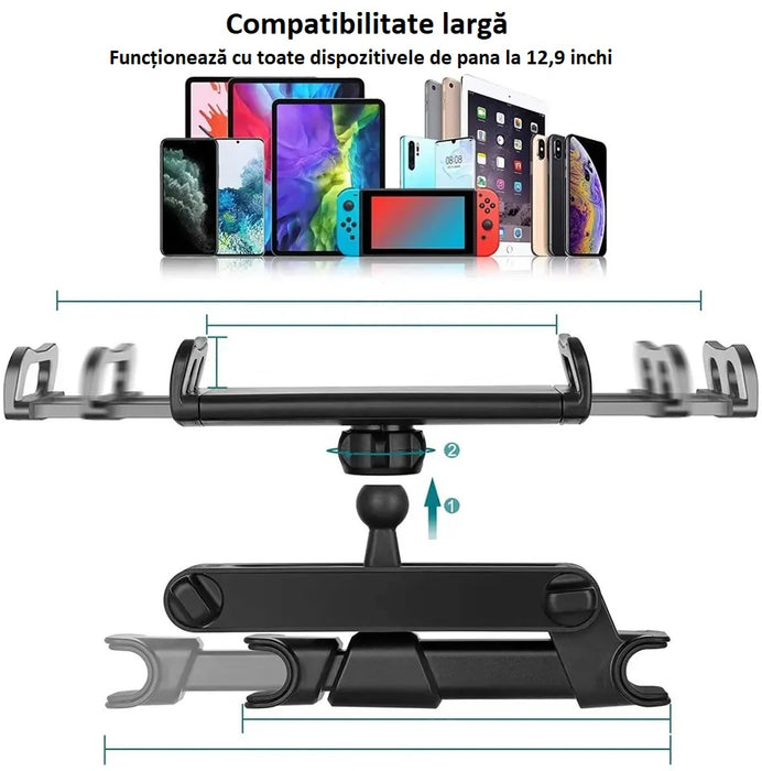 Поддръжка на автомобил за телефон или таблет с облегалка за глава, регулируема, 360 °, черно въртене
