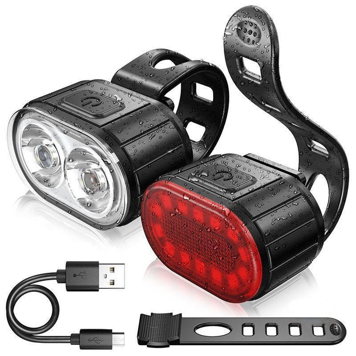 Комплект лек велосипед, фар и LED стоп, USB акумулатор, устойчив на вода, черен