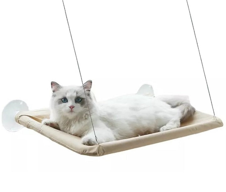 Суспендирано легло Хамак тип за котки, монтиране на стъкло със смукателни чаши, 55x32cm, сметана