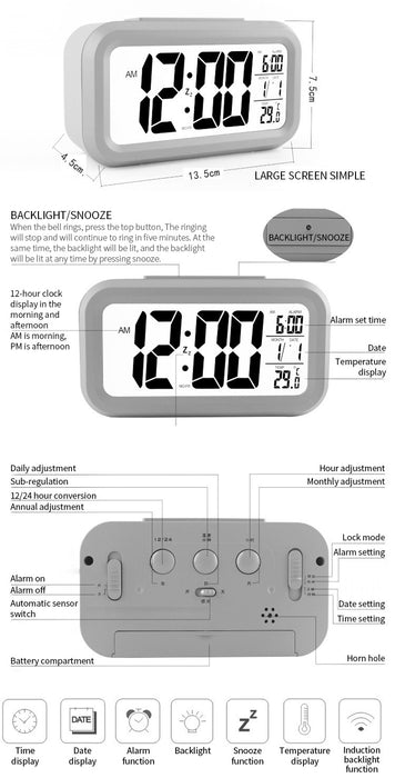 Ceas Digital cu Afisaj LED, alarma, cu Data, Ora, Temperatura si Alarma, de culoare alba