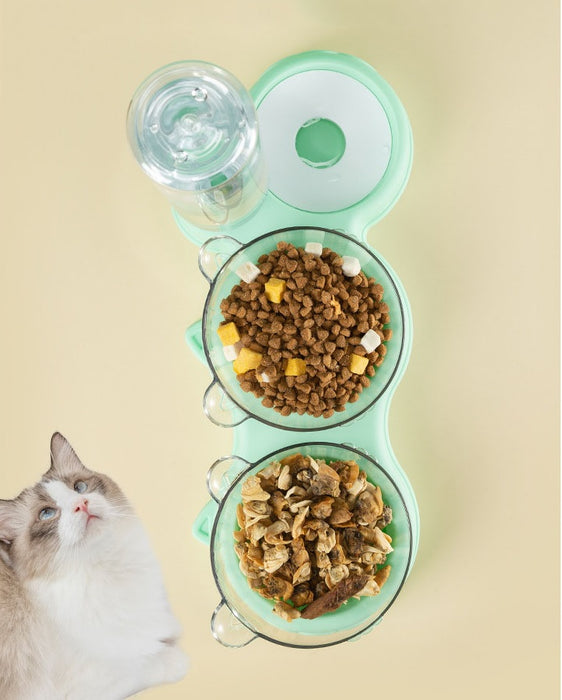 Dupla tál az élelmiszer- és víz adagolóhoz macskák számára, 0,5 liter tartály, 15 fokos dőlés, zöld